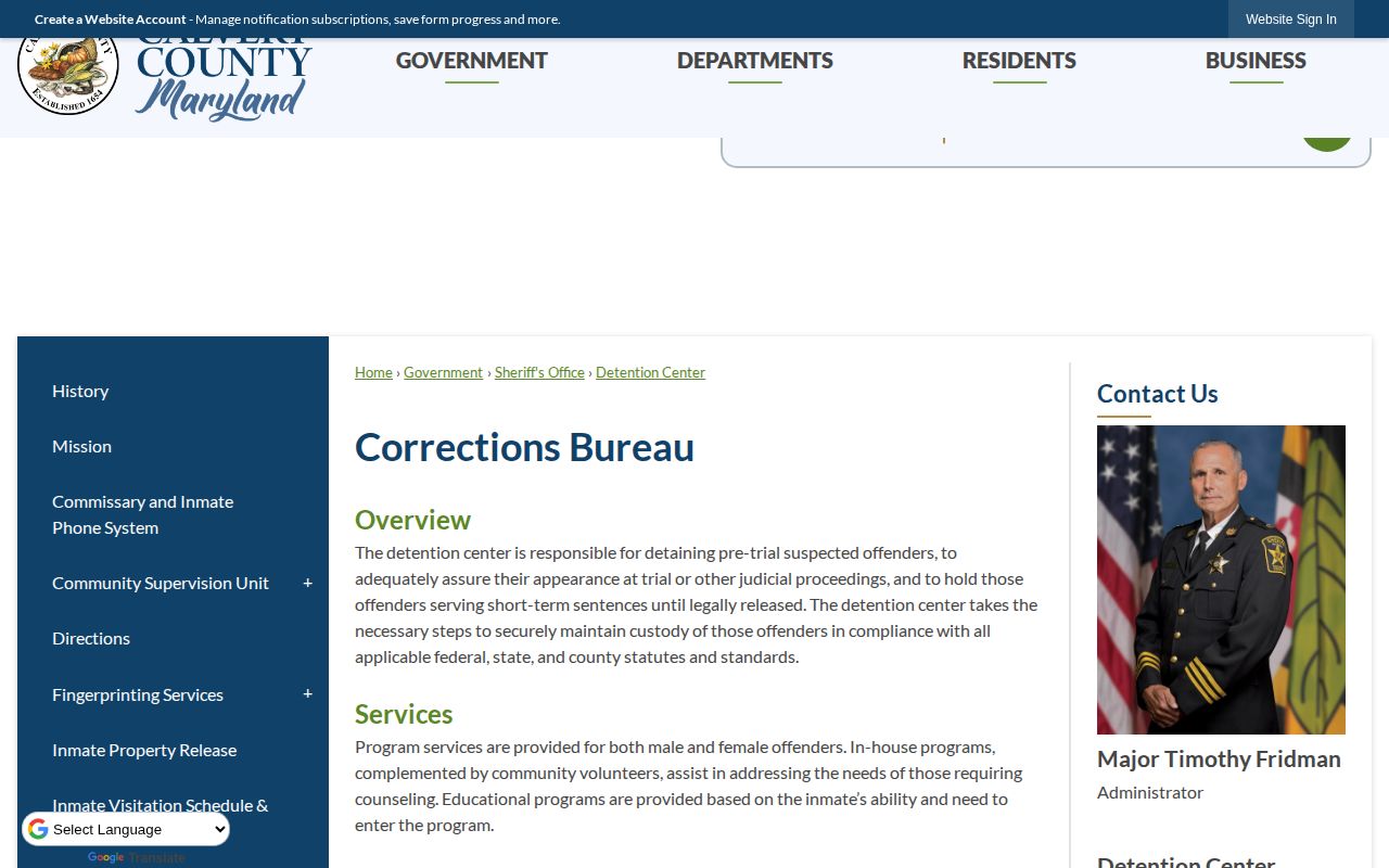 Official Calvert County Detention Center information page