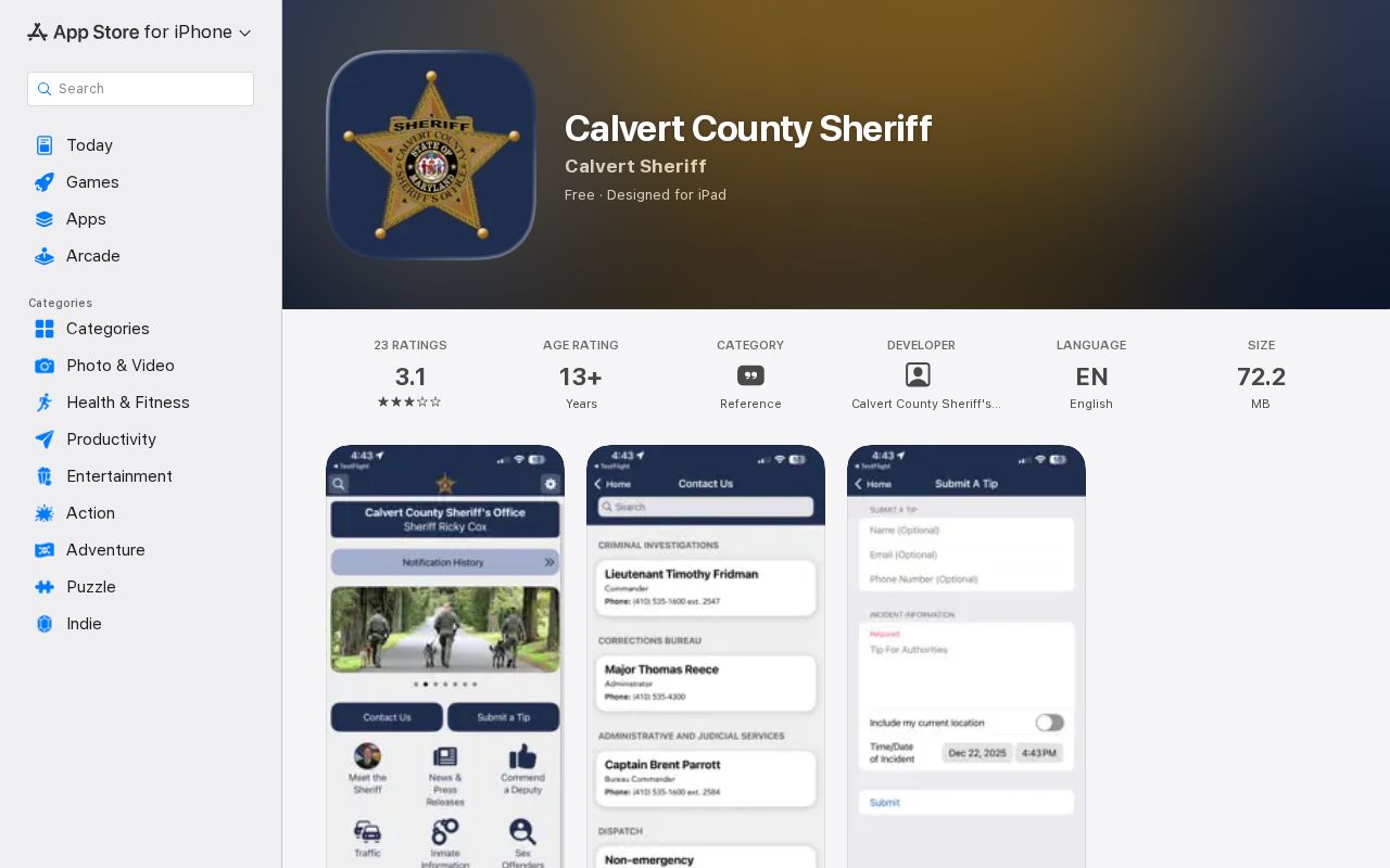 Calvert County Sheriff app listing and feature description