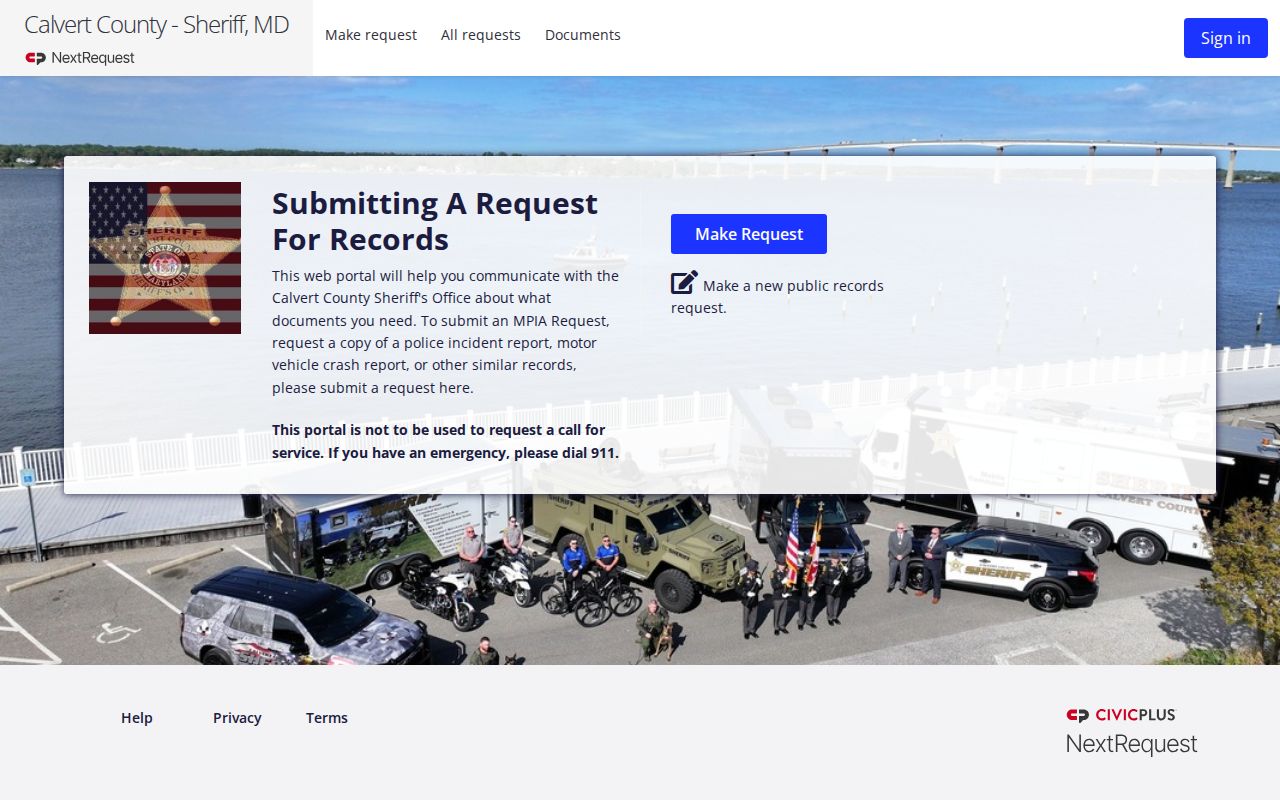 Calvert County Sheriff NextRequest public records portal