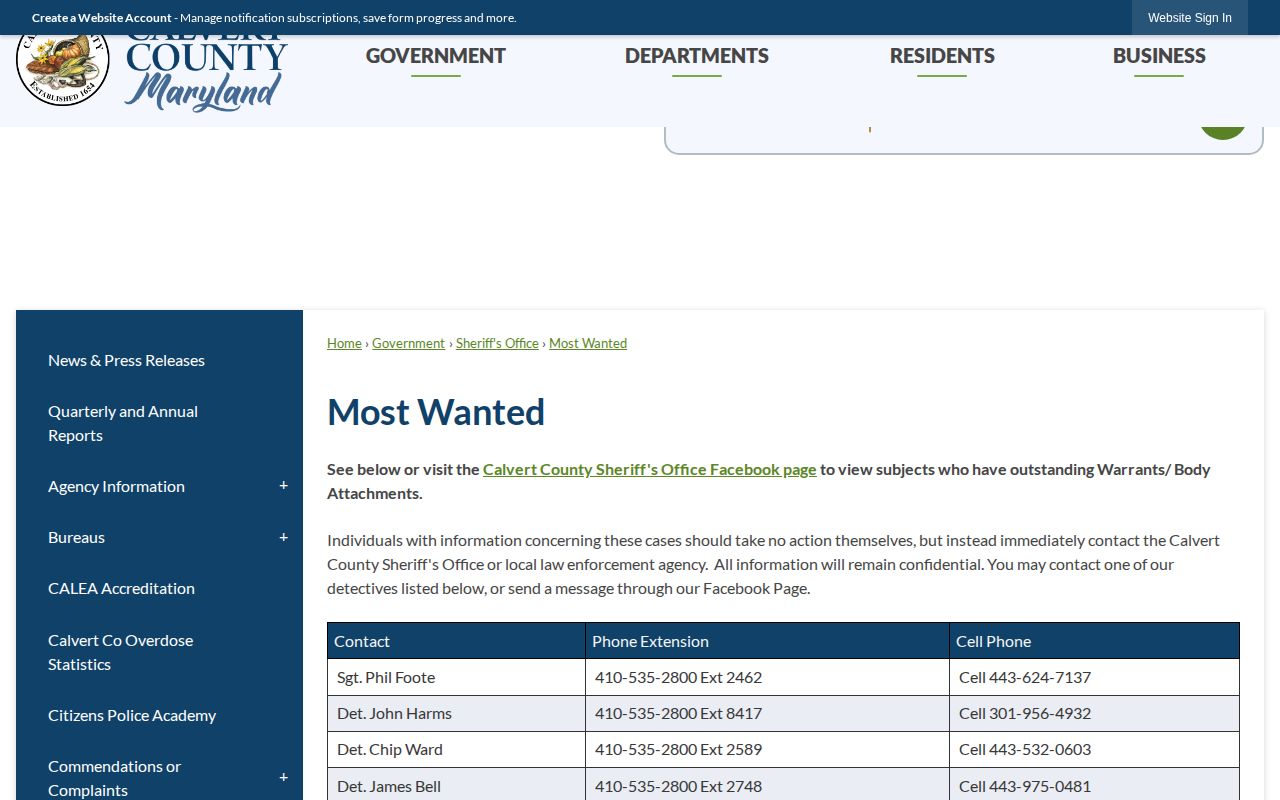 Calvert County Sheriff official Most Wanted page