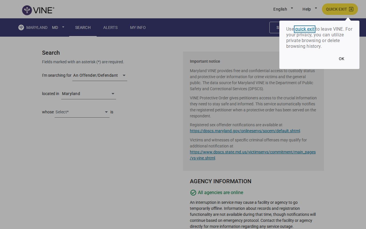 Maryland VINELink person search interface for custody checks