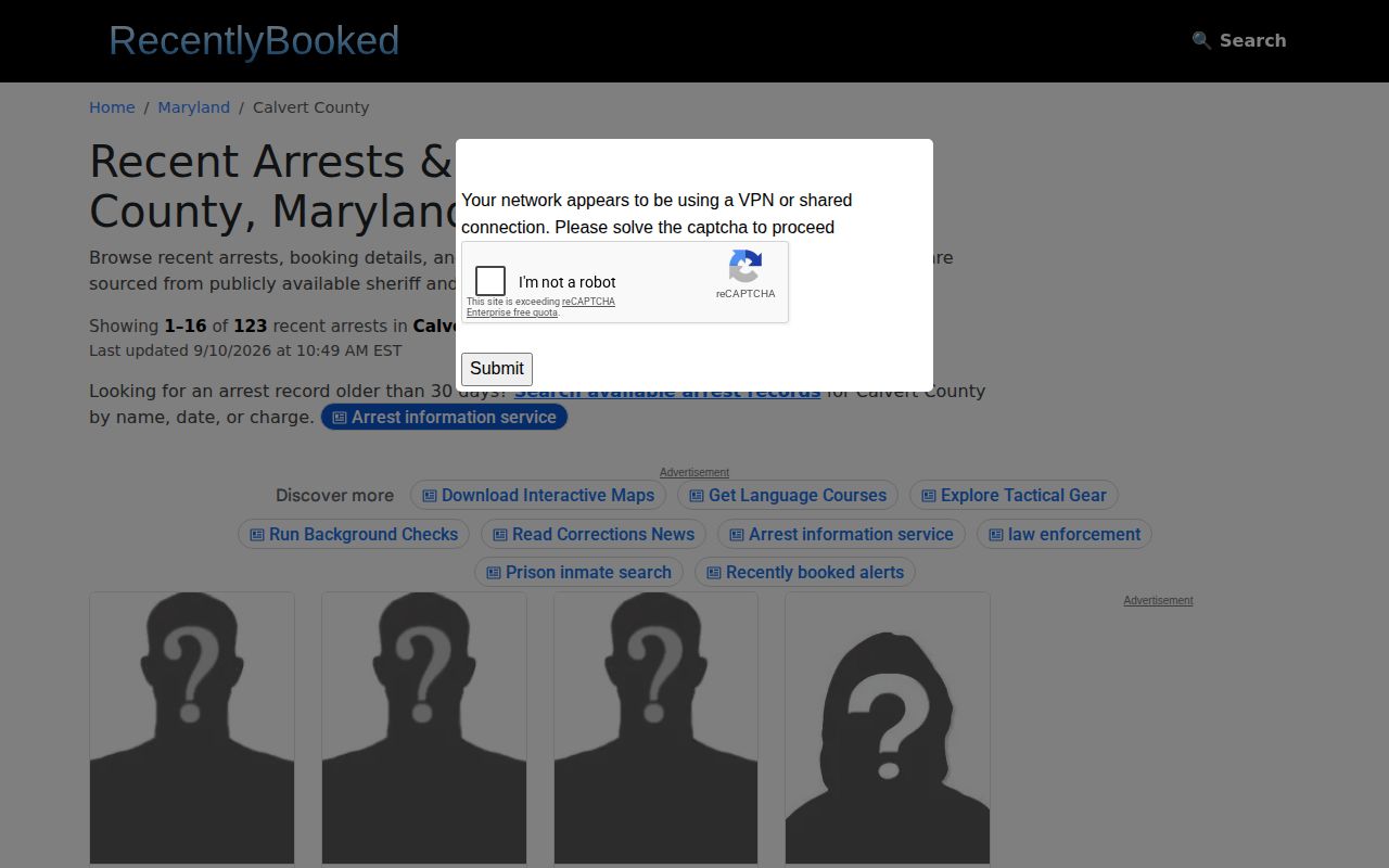 Unofficial RecentlyBooked Calvert County listing interface