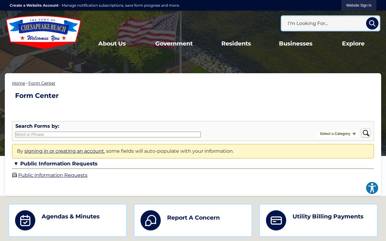 Chesapeake Beach public information request form for town-held records