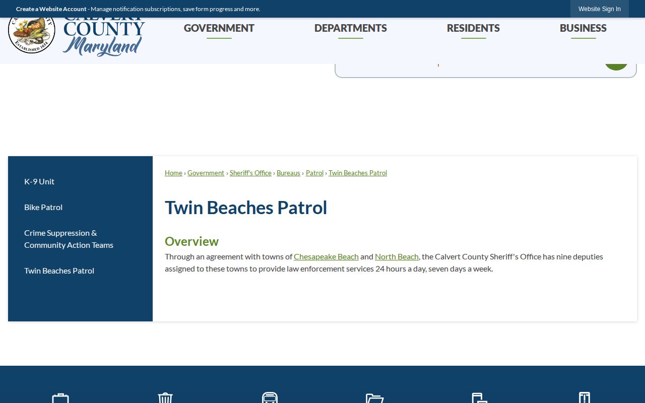 Calvert County Twin-Beaches Patrol official page describing Chesapeake Beach coverage