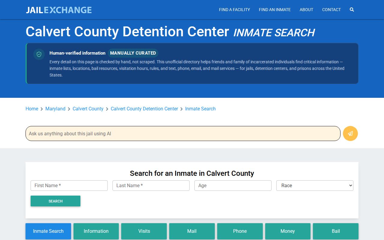 Unofficial JailExchange page about Calvert County Detention Center searches